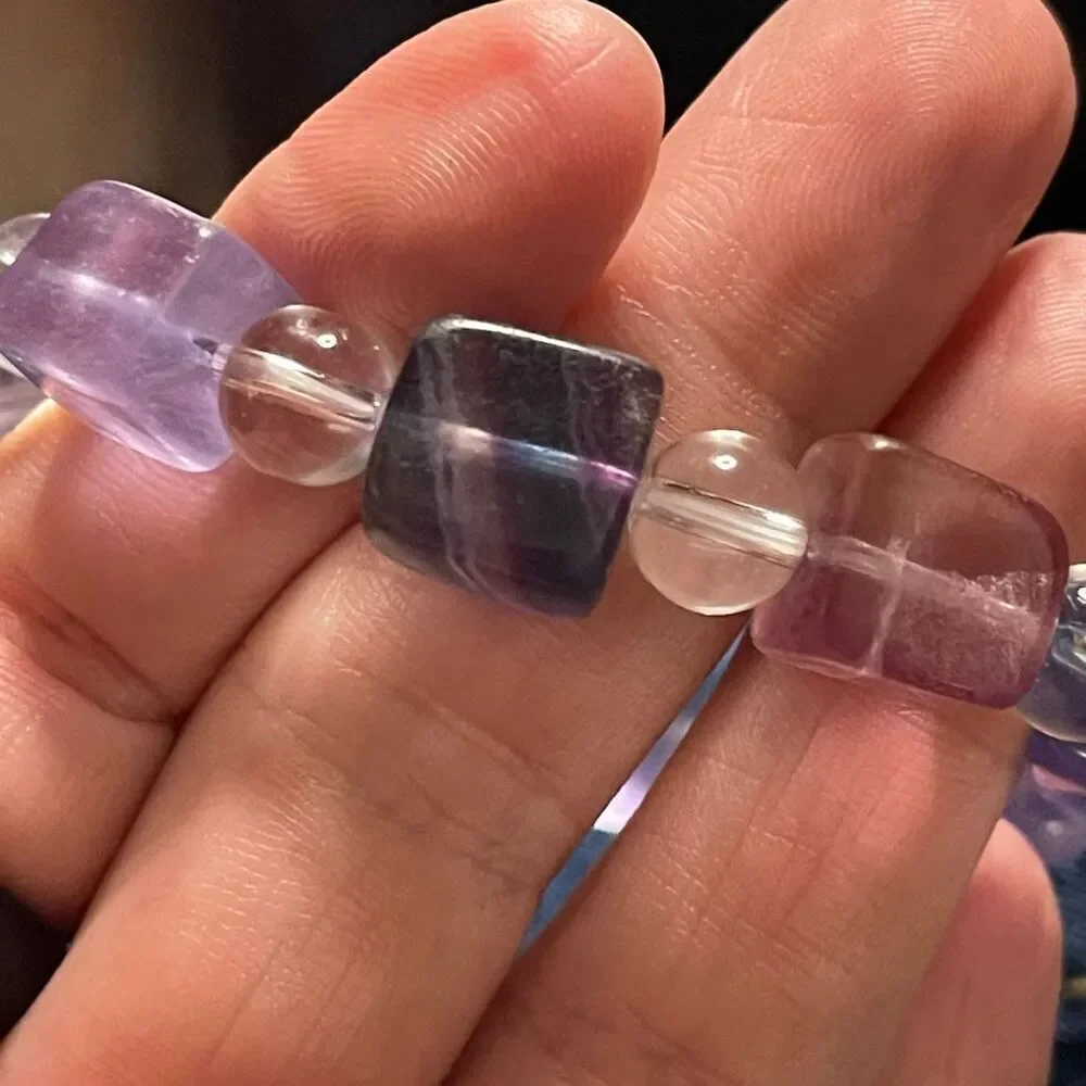 Fluorite bracelet striped layers rainbow colors cube stretch 10mm 7.5” natural c